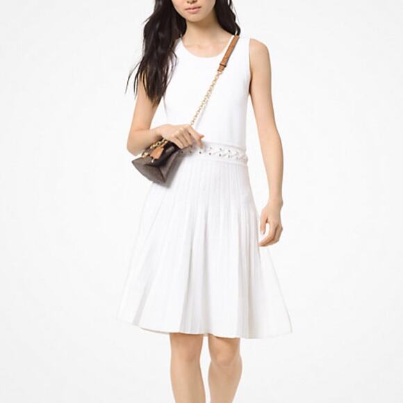 Michael Kors White Pleat Stretch-Viscose Dress Women's Large Preppy - Picture 1 of 16